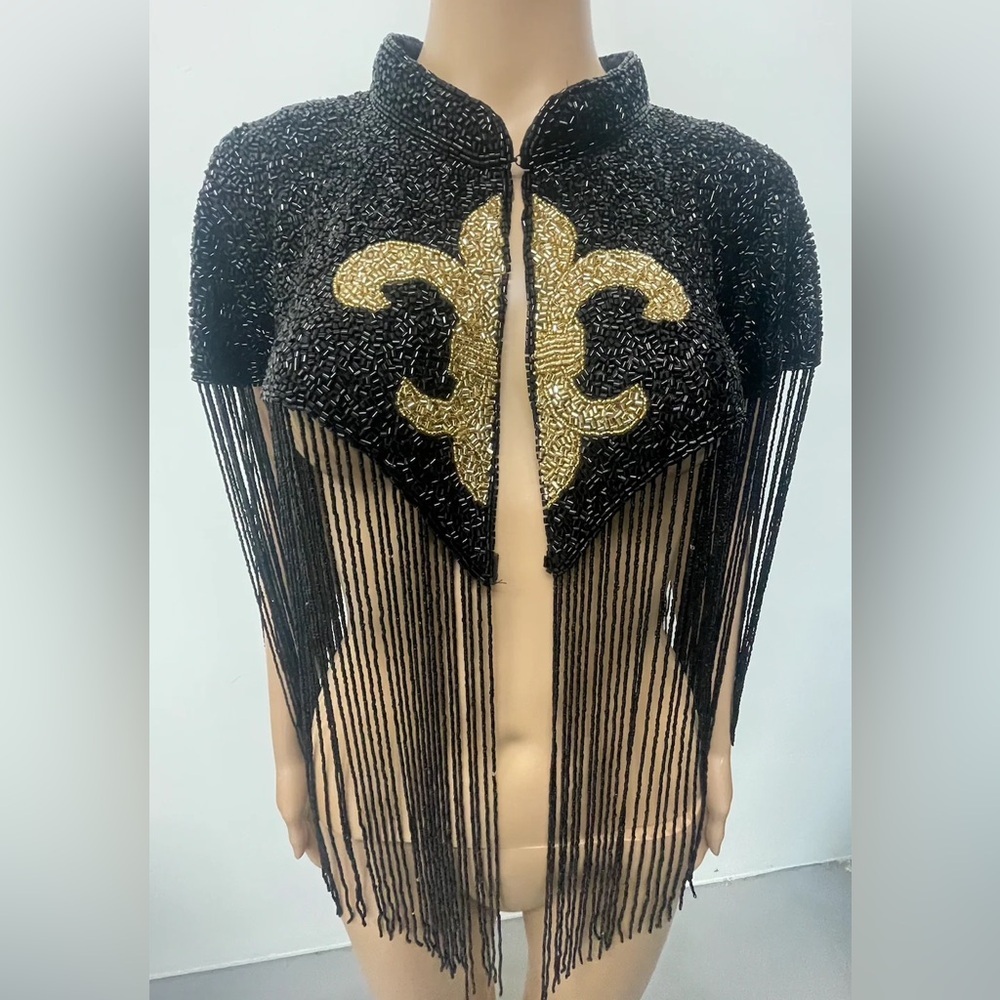 Black and Gold Fleur De Lis Beaded Fringe Cape